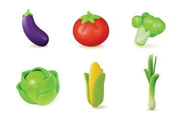 3d Color Different Vegetables Set Cartoon Style Include of Broccoli, Eggplant, Corn and Tomato. Vector illustration