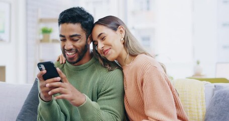 Happy couple, phone and credit card for online shopping, ecommerce or purchase on living room sofa at home. Man and woman shopper smiling on mobile smartphone app for payment or internet banking - Powered by Adobe