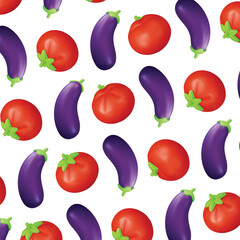 3d Color Vegetables Seamless Pattern Background on a White Cartoon Style. Vector illustration of Eggplant and Tomato