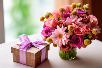 Gift box for Mother's Day with a bouquet of flowers and a greeting card. Generative AI