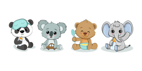 Teddy bear, panda cub, koala cub and baby elephant with milk bottle. Set of cartoon baby animals. Vector illustration