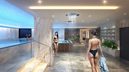 3d rendering of a spa with people relaxing in pools and bathtubs