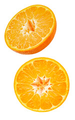 Tangerine two cut halves, falling, hanging, flying, soaring, isolated on transparent background .