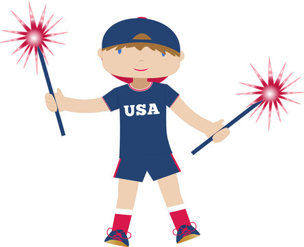 boy holding sparklers, usa colors, cartoon style clip art preview