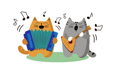 Cats cartoon Singing and plays the harmonica and balalaika. Cats  musicians. Animal, pet, musical instrument. Song, music. Vector illustration, background isolated.