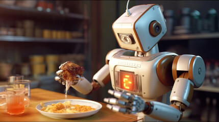 The robot eats food from a plate. Nutrition of cyborgs and machines. Illustration of future life. Generative AI
