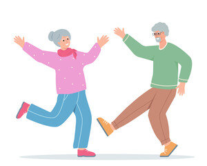 Senior man and woman dancing. Happy Elderly couple, old people active healthy lifestyle and hobbies concept. Vector cartoon or flat illustration isolated on white background.