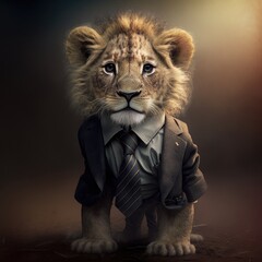 Baby lion in a business suit. Generative AI
