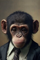 Portrait of baby chimpanzee in a business suit. Generative AI