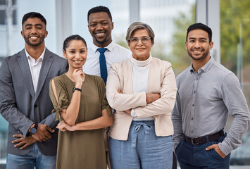 Collaboration, smile and portrait of business people in the office with confidence and diversity. Happy, success and group of multiracial professional employees or team standing in workplace together
