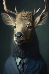 Portrait of baby elk in a business suit. Generative AI