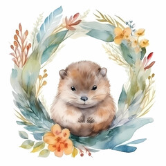 Beautifully watercolor painting of a baby beaver surrounded by a wreath of colorful flowers and leaves on white background, nursery room concept, Generative AI - obrazy, fototapety, plakaty