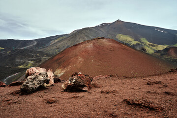 Solidified lava and old craters on the slope of the active volcano Etna