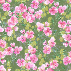 Watercolor seamless pattern with pink flowers on green background. 