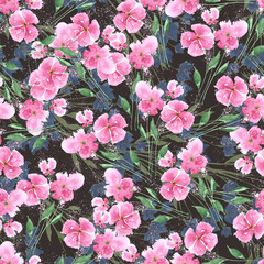 Watercolor illustration of a bouquet field pink flowers. Hand drawing seamless pattern of a flowers on black background.