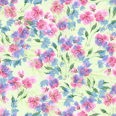 Watercolor seamless pattern with meadow flowers on green background.