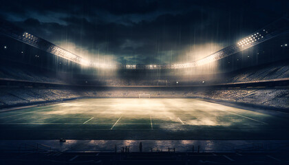 a soccer stadium and pitch at night with spotlights shining on it