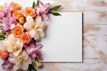 mockup white paper with flower flower arrangement over a wooden layflat