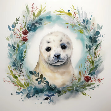 Beautifully watercolor painting of a baby harp seal surrounded by a wreath of colorful flowers and leaves on white background, nursery room concept, Generative AI