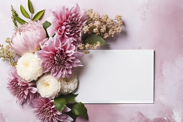 mockup white paper with flower flower arrangement over a pink layflat