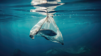 Fish in a transparent plastic bag under water. Environmental pollution. Generative AI - obrazy, fototapety, plakaty