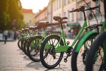 "Green Electric Bicycle Rentals in Parking Lot"