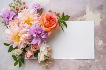 Obraz na płótnie Canvas mockup white paper with flower flower arrangement over a layflat