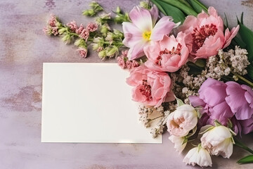 mockup white paper with flower flower arrangement over a texturated layflat