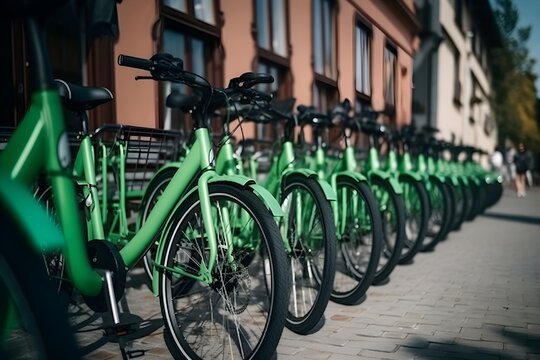 "Green Electric Bike Rentals in Parking Area"