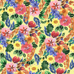 Watercolor seamless floral pattern on yellow background for fabric and decorative paper. 