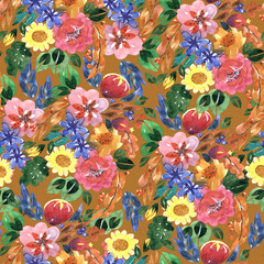 Floral seamless pattern of meadow flowers on beige background. 