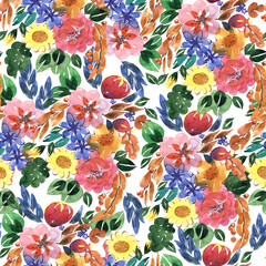 Watercolor seamless pattern with different colored flowers on white background.
