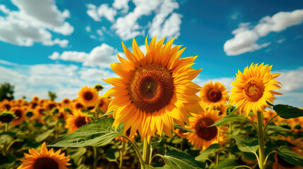 Obraz premium Field of sunflowers with a blue sky. Beautiful summer landscape. Generative AI