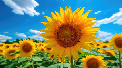 Field of sunflowers with a blue sky. Beautiful summer landscape. Generative AI