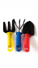 Set of gardening tool equipment. Garden tool items shovel, rake, fork isolated on white background