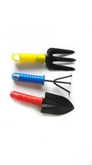 Set of gardening tool equipment. Garden tool items shovel, rake, fork isolated on white background
