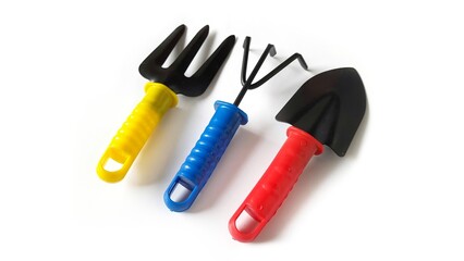 Set of gardening tool equipment. Garden tool items shovel, rake, fork isolated on white background