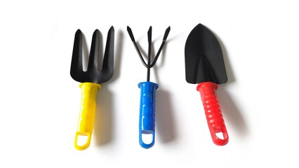 Set of gardening tool equipment. Garden tool items shovel, rake, fork isolated on white background