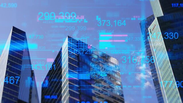 Business analytics and global business concept. Graphs of economic growth, profits and big data on the background of business city