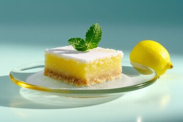 A slice of lemon cake with lemon on top