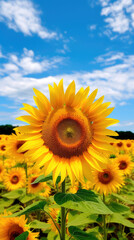 Fototapeta premium Field of sunflowers with a blue sky. Beautiful summer landscape. Generative AI