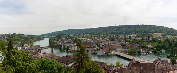 Fototapeta na wymiar Aerial view of the old town with river Rhine from medieval fortress at the old town of Schaffhausen named Munot