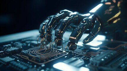 A close-up shot of a futuristic robot hand holding a glowing circuit board, showcasing advanced robotics and artificial intelligence. Generative Art