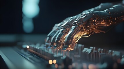 A close-up shot of a futuristic robot hand holding a glowing circuit board, showcasing advanced robotics and artificial intelligence. Generative Ai