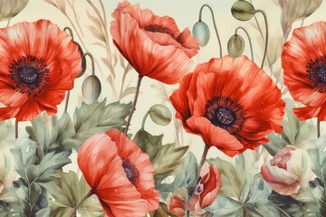 Vintage watercolor pattern featuring red poppies. Generative AI