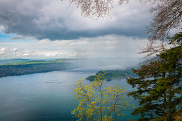 Rain shower over Lake Lucerne  (German: Vierwaldstättersee) in central Switzerland