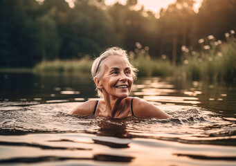 Happy senior woman swims in the lake enjoys nature and tranquility. Active lifestyle. Generative AI