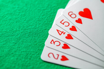 Combinations of cards in straight flush poker five cards from two to six of suit of hearts