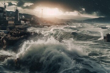 Deadly storm and tsunami strike ocean. Generative AI - obrazy, fototapety, plakaty