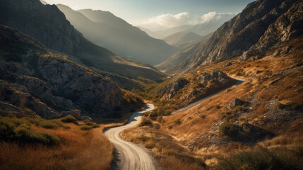 Panoramic view of a winding road in the mountains at sunset